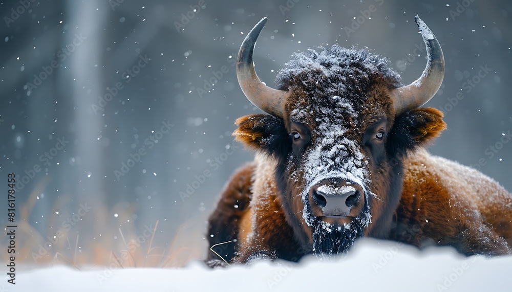 European bison (Bison bonasus) in the snowy forest