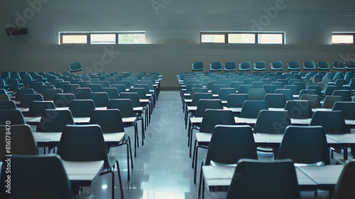 Wide angle shot of a university classroom with rows of chairs and desks : Generative AI © Generative AI