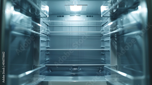 An empty refrigerator Inside an empty clean refrigerator a refrigerator compartment after defrosting shot with a wide angle lens : Generative AI photo