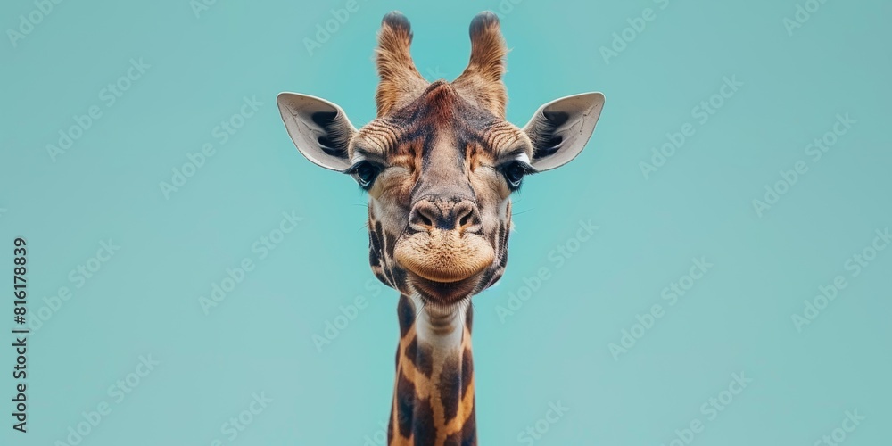 Fototapeta premium Giraffe muzzle on a pastel background, Beautiful cute animal with emotions, concept: postcard banner copy space