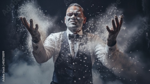 A dramatic photo captures a man in a suit with arms open as a powder explosion covers him  creating a dynamic and intense atmosphere