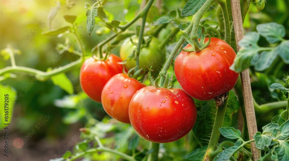 Juicy red tomatoes on a green branch. Ripe vegetables.