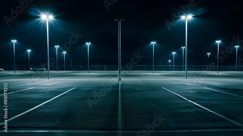 Empty parking lot lit by street lights : Generative AI © Generative AI