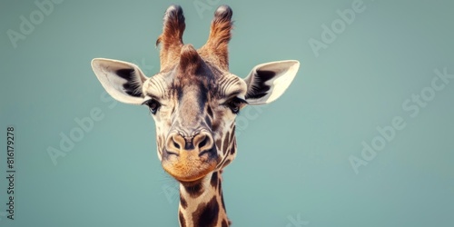 Giraffe muzzle on a pastel background, Beautiful cute animal with emotions, concept: postcard banner copy space