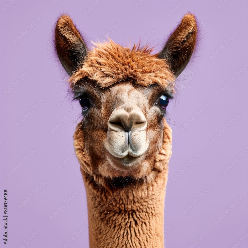 Obraz premium Portrait of a llama on a purple background.