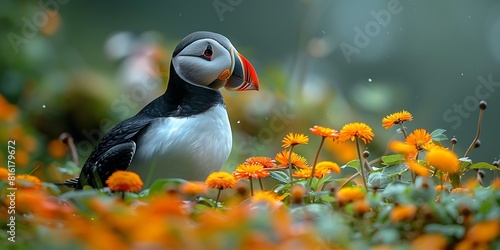 Puffin sitting on a flower in a meadow in Iceland