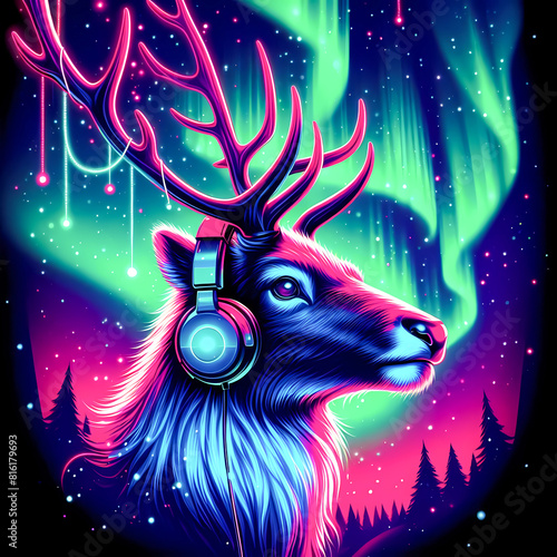 Digital art vibrant colorful reindeer wearing headphones listening to music with northern lights background