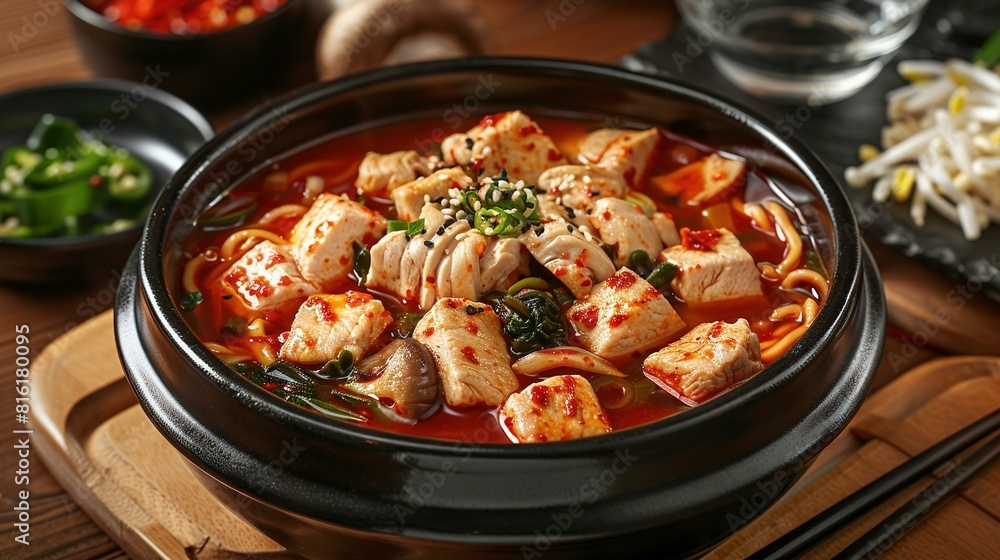 A close-up of a bowl of food on a table, with chopsticks and additional bowls of food visible in the background A close-up of a bowl of food on a table, with chopsticks and additional bowls of food visible in the background