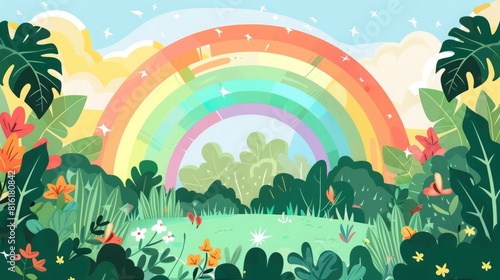 cartoon jungle field with rainbow background flat illustration.