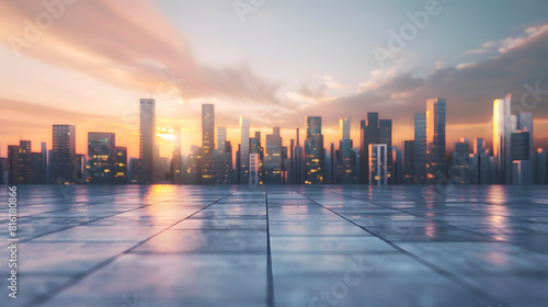 Empty floor and modern city skyline with buildings at sunset   Generative AI