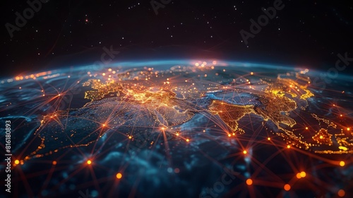 Detailed visualization of global data streams, illuminated pathways connecting major cities around the world © ParinApril