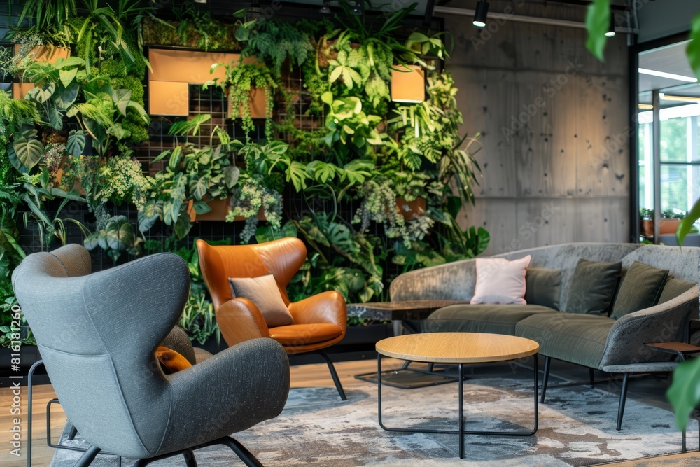Modern office lounge with comfortable seating and a lush living wall Modern office lounge with comfortable seating and a lush living wall