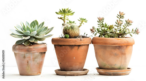 Old brown potted plants spinning pots isolated on white background   Generative AI