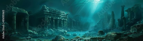 Enigmatic ocean depths reveal a mythical structure, a dramatic play of shadows and light among ageold ruins photo