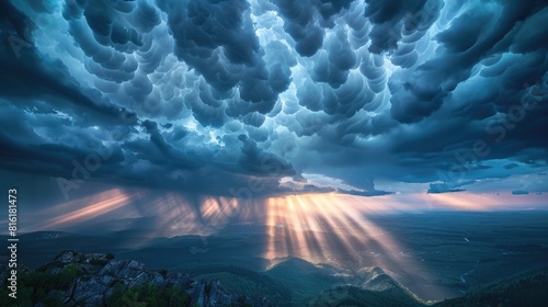 Dramatic Mammatus Clouds from High Mountain Viewpoint with Sunlight Piercing Through Darkened Sky