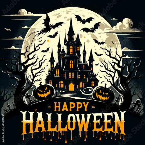 halloween background with pumpkins bats and haunted mansion