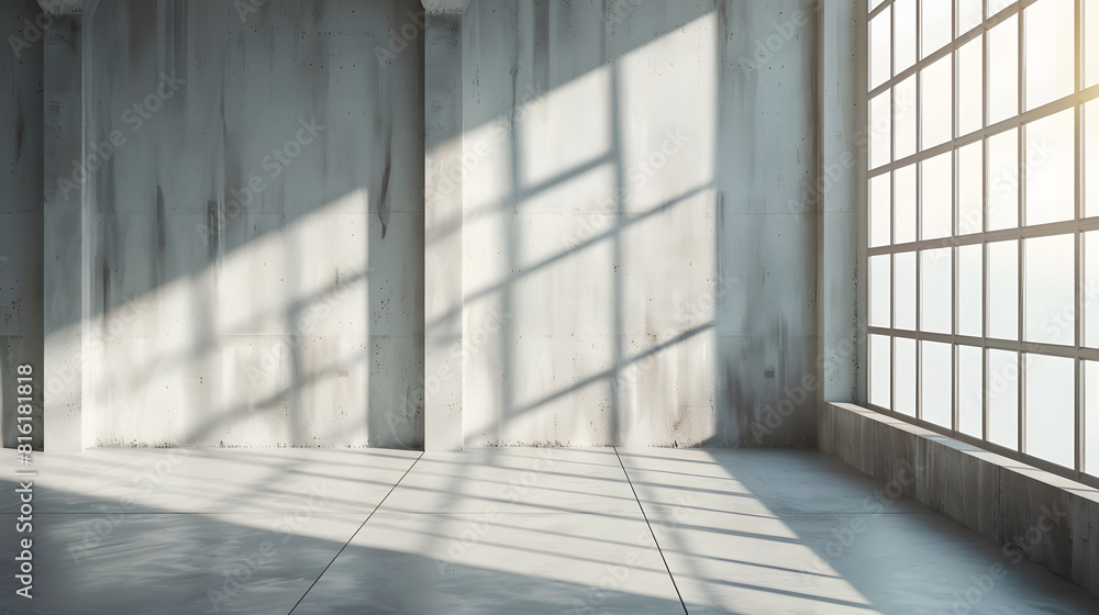 Empty room with large windows and sunlight Grungy room with light and shadow on floor Concrete wall background : Generative AI