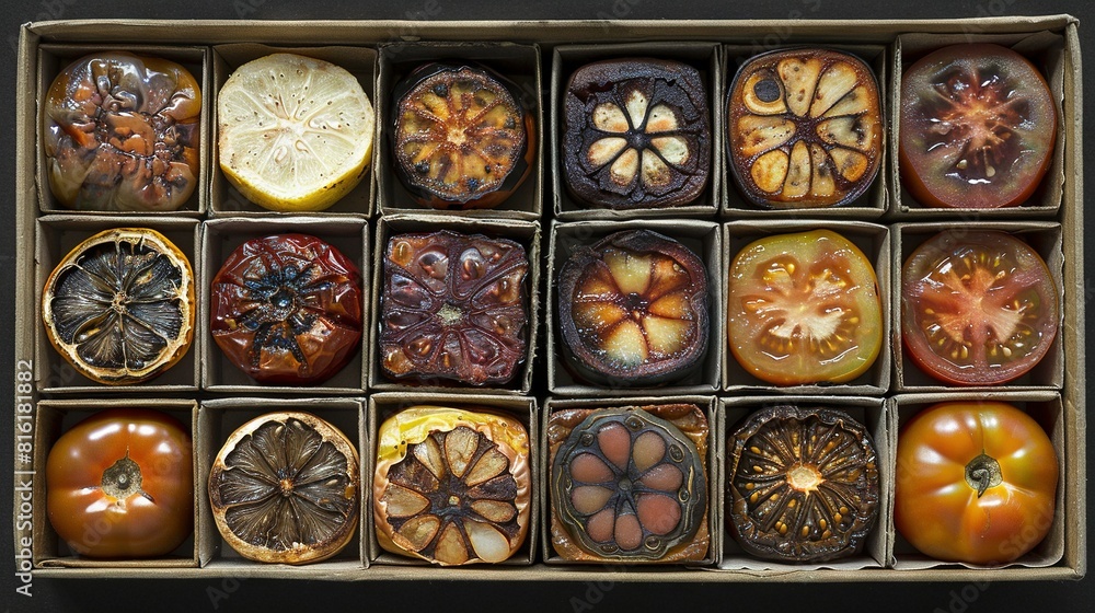 A box brimming with various fruits and veggies, flanked by a lemon and an orange A box brimming with various fruits and veggies, flanked by a lemon and an orange