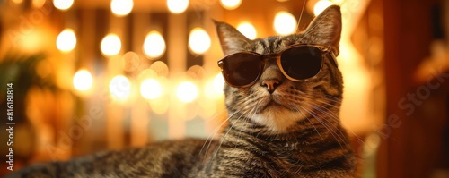 Fashionable cat donning sunglasses, radiating coolness against a backdrop of warm ambient lighting photo