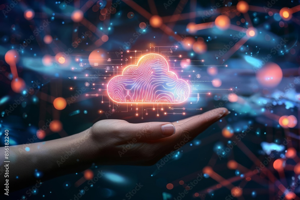 Futuristic technology concept with glowing digital cloud icons over a hand, vibrant colors, abstract tech background Futuristic technology concept with glowing digital cloud icons over a hand, vibrant colors, abstract tech background