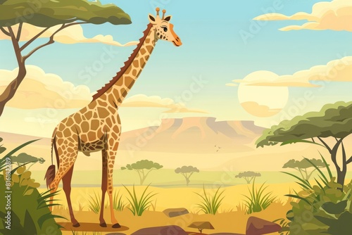 cartoon one giraffe in africa flat illustration.