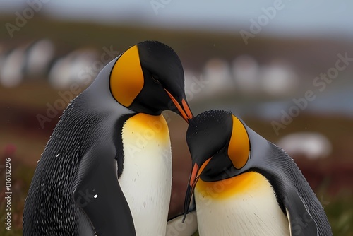 King Penguins Courting. Horizontal format of two king penguins in ritual courtship embrace Salisbury Plain South Georgia Island
 photo