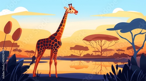 cartoon one giraffe in africa flat illustration.