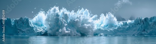 Highdefinition capture of an arctic glacier calving, icy shards exploding into the serene waters below