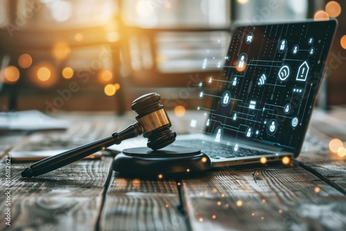 A conceptual image featuring a gavel, laptop, and symbolic icons on a table, representing the integration of AI in legal technologies. photo