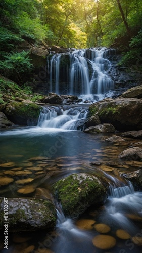 Waterfall cascades gently into tranquil pool, surrounded by lush greenery. Sunlight filters through dense foliage above, casting soft glow that illuminates clear, flowing water, highlights smooth.