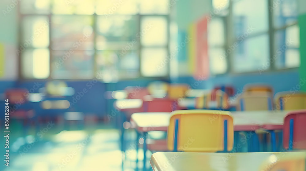 Back to school concept Classroom in blur background without young student Blurry view of elementary class room no kid or teacher with chairs and tables in campus : Generative AI Back to school concept Classroom in blur background without young student Blurry view of elementary class room no kid or teacher with chairs and tables in campus : Generative AI