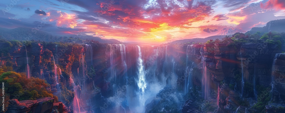 Fototapeta premium Mystical waterfall descending among cliffs at sunset, the sky ablaze with color, perfect for fantasy settings
