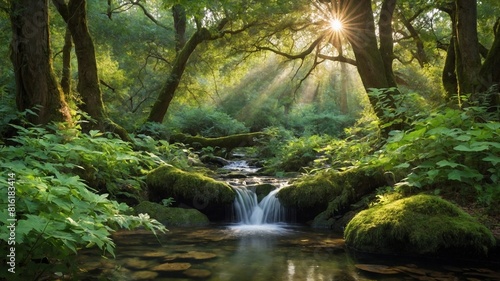 Sunlight pierces dense foliage of tranquil forest, casting ethereal rays that illuminate lush greenery. Small, gentle waterfall adds to serenity, its calm waters reflecting enchanting dance of light.