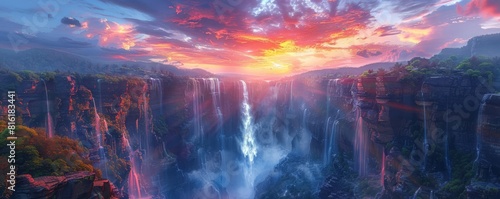 Mystical waterfall descending among cliffs at sunset, the sky ablaze with color, perfect for fantasy settings