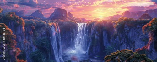 Mystical waterfall descending among cliffs at sunset, the sky ablaze with color, perfect for fantasy settings