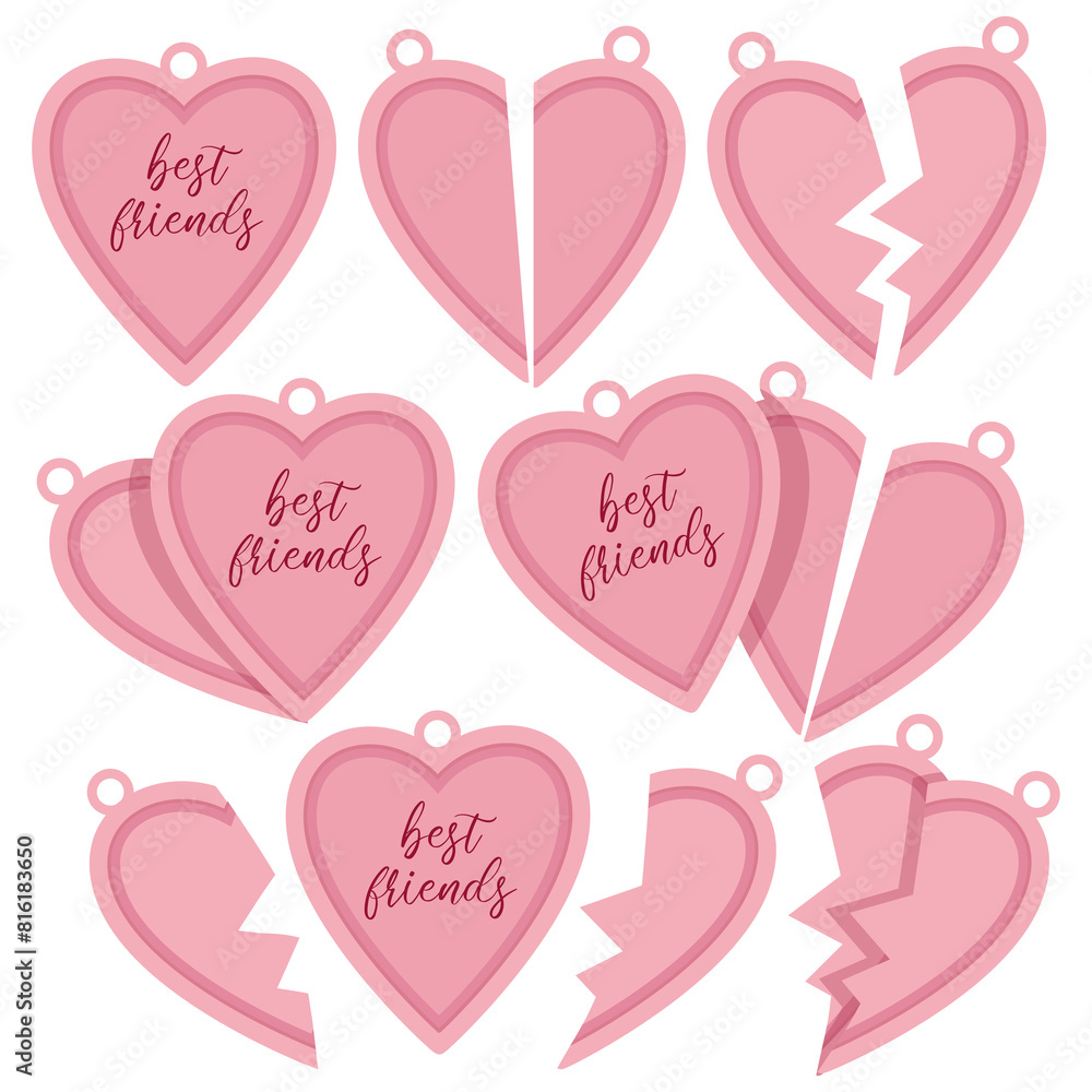 A set of pink pendants in the shape of a heart with the inscription best friends and a split hit for friendship day A set of pink pendants in the shape of a heart with the inscription best friends and a split hit for friendship day