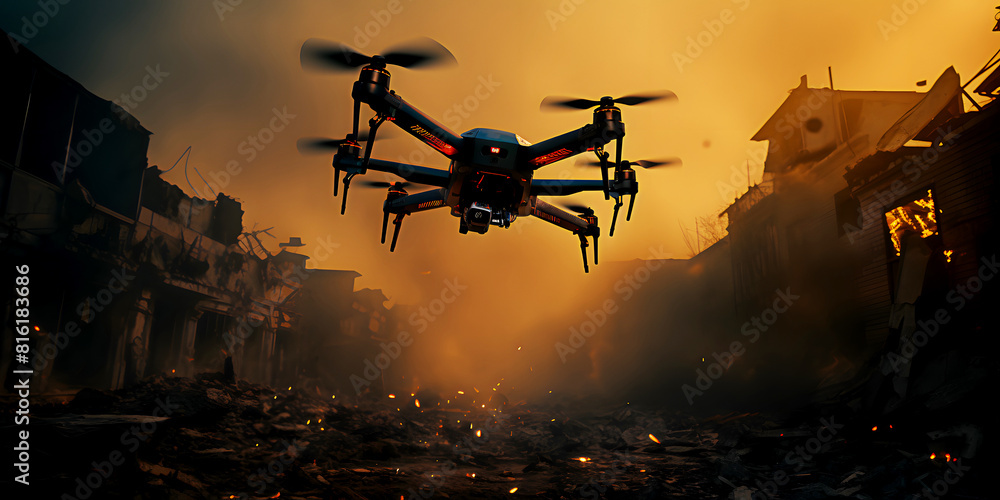 Drone flies over disaster stricken urban area with ruins and smoke. Intense atmosphere highlights technology in crisis management Drone flies over disaster stricken urban area with ruins and smoke. Intense atmosphere highlights technology in crisis management