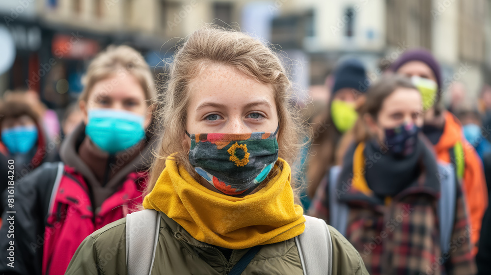 Young woman with a patterned mask stands in a crowd, emphasizing individuality and unity during a public gathering, likely a protest or rally
