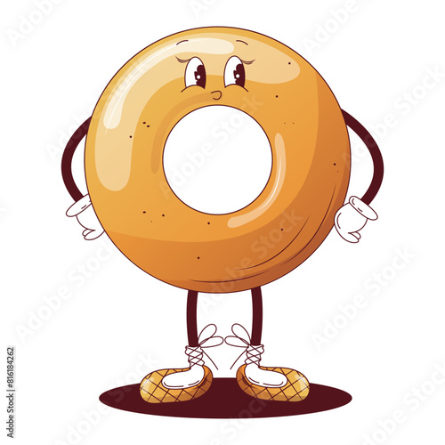 Cheerful vintage style bagel for bakery design. Donut in a modern style with hands and legs. Groovy style bakery illustration for a bakery.
