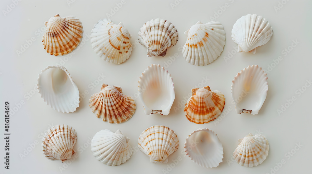 Shooting in the Studio Seashells are laid out in the shape of a square on a light background Shooting from above : Generative AI Shooting in the Studio Seashells are laid out in the shape of a square on a light background Shooting from above : Generative AI