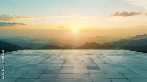 Empty square floor and green mountain landscape at sunset : Generative AI