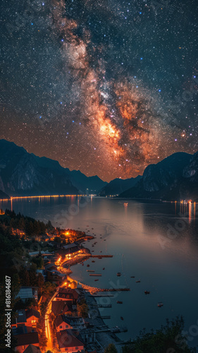 On a very dark night, the Milky Way can be seen in the sky, the beautiful mountains and rivers can be seen,generative ai © LomaPari2021
