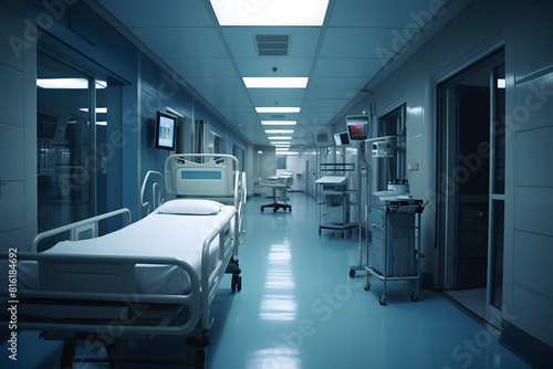 
A modern hospital hallway with empty stretchers and medical equipment, ready to receive patients