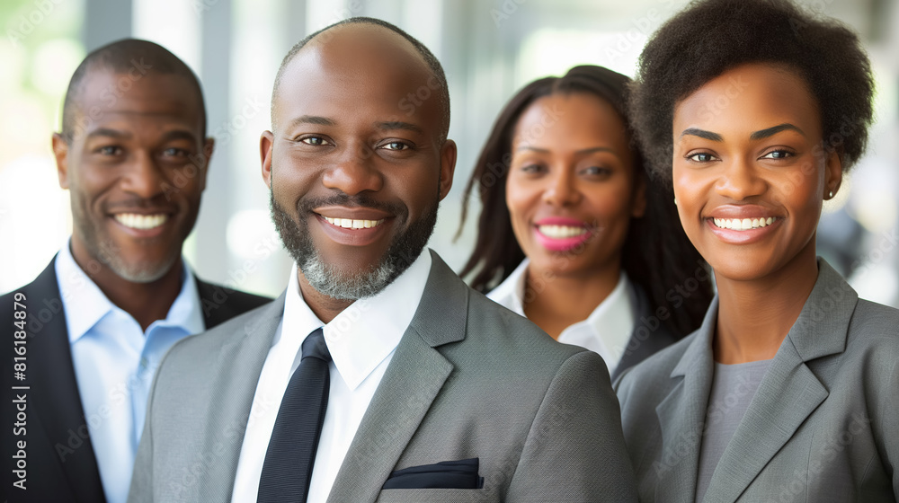 Group of diverse business professionals, smiling and standing together in a bright office environment, symbolizing teamwork and success Group of diverse business professionals, smiling and standing together in a bright office environment, symbolizing teamwork and success
