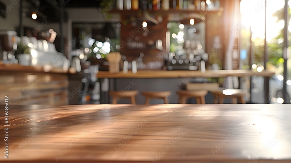 Empty wood table with blur coffee shop background clean bright light foreground Mock up for montage products display : Generative AI Empty wood table with blur coffee shop background clean bright light foreground Mock up for montage products display : Generative AI