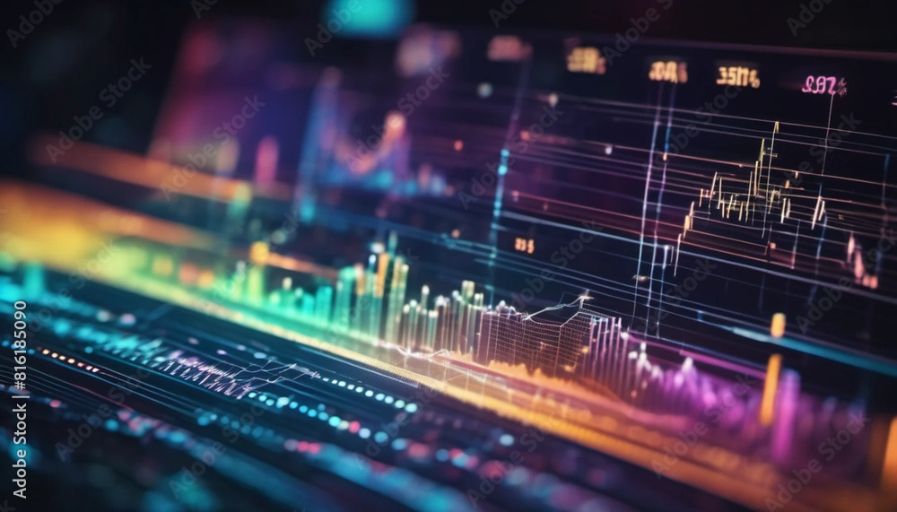 Colorful hologram of charts in black modern space. Colorful hologram of charts in black modern space.