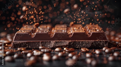 Featuring popping coffee beans over a bar of rich dark chocolate, capturing a sense of fusion. photo