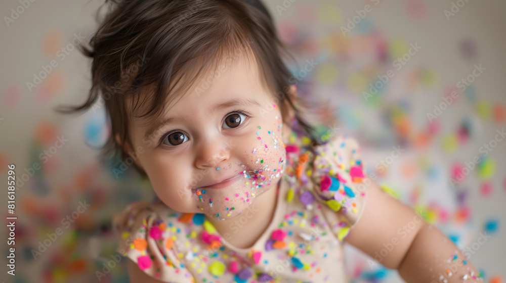 Baby with colorful sprinkles on their face and clothes, looking up with a playful and innocent expression, surrounded by a joyful mess Baby with colorful sprinkles on their face and clothes, looking up with a playful and innocent expression, surrounded by a joyful mess