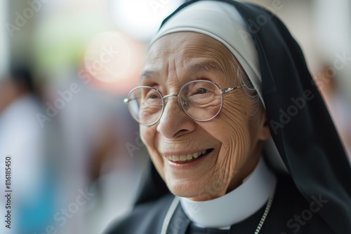 Closeup portrait of a cheerful elderly nun wearing glasses and smiling warmly photo