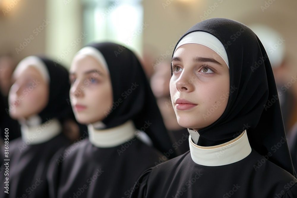Portrait of young nuns in habits looking upwards with a reflective and serene expression Portrait of young nuns in habits looking upwards with a reflective and serene expression